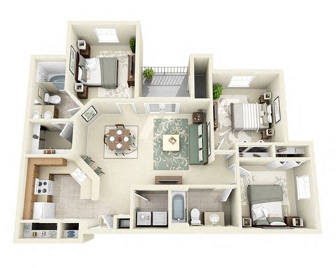 Floor plan for 3 beds, 2 baths, 1140 sqft